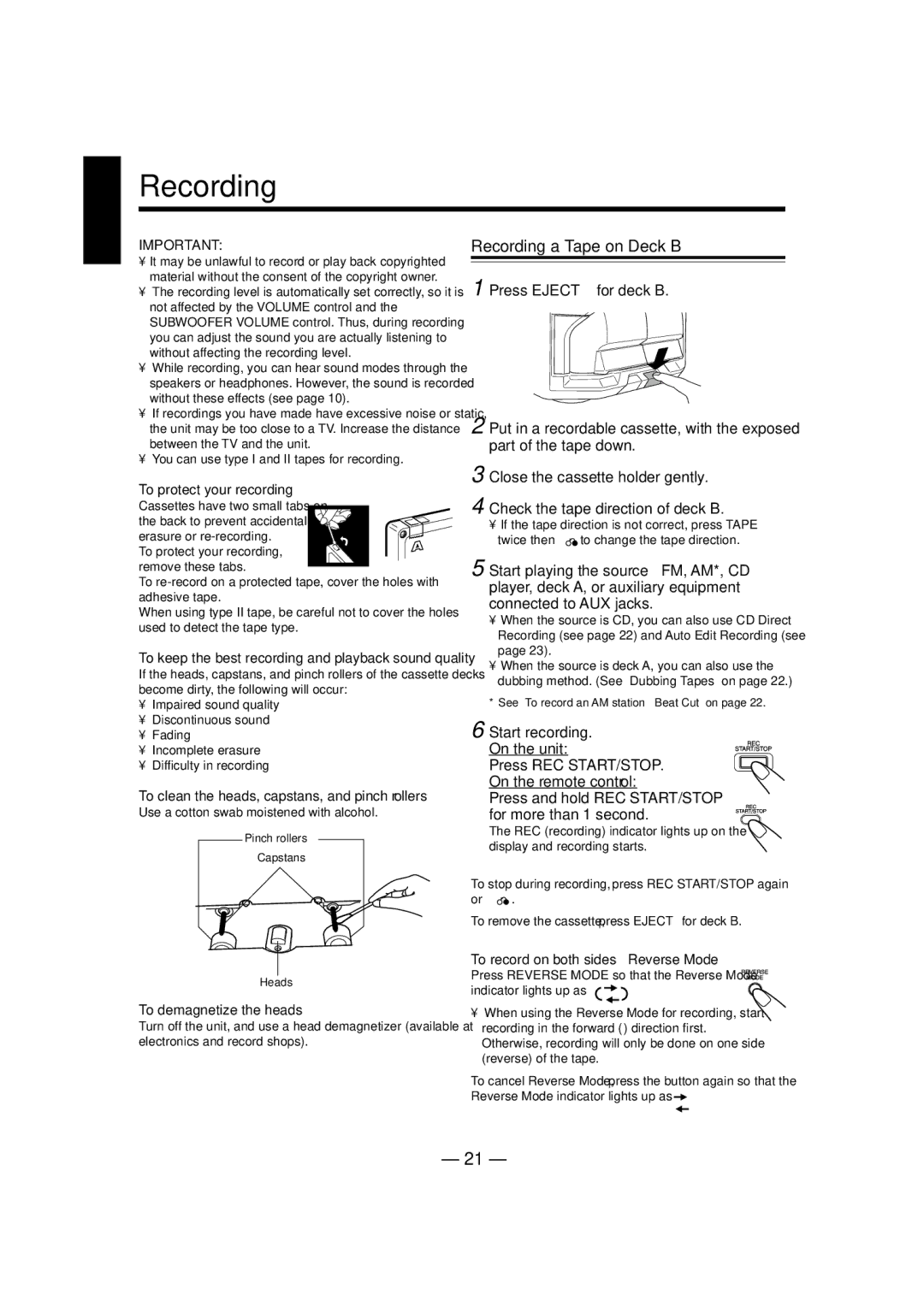 JVC CA-MXJ770V Recording a Tape on Deck B, To clean the heads, capstans, and pinch rollers, To demagnetize the heads 