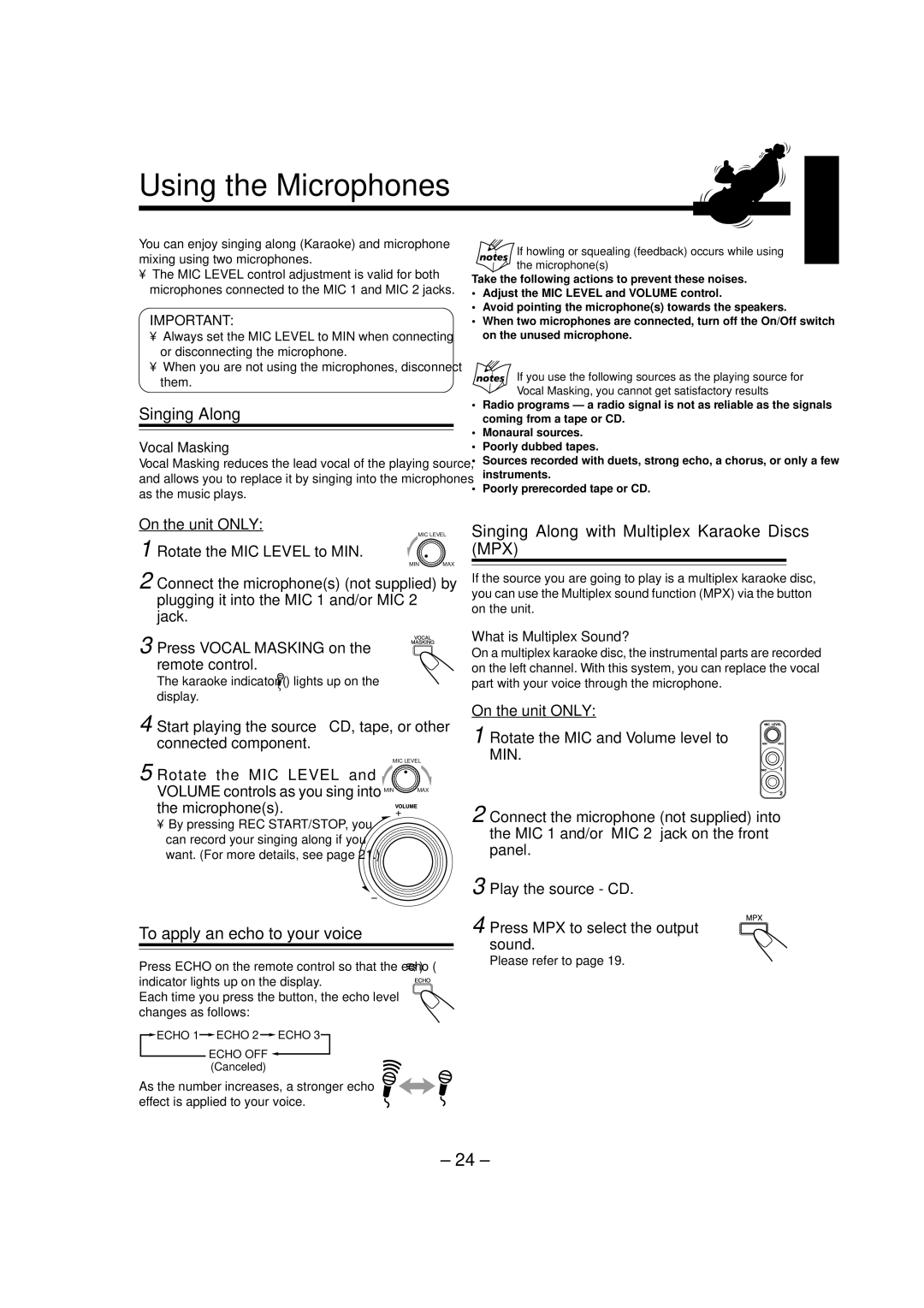 JVC CA-MXJ880V Using the Microphones, Singing Along with Multiplex Karaoke Discs MPX, To apply an echo to your voice 