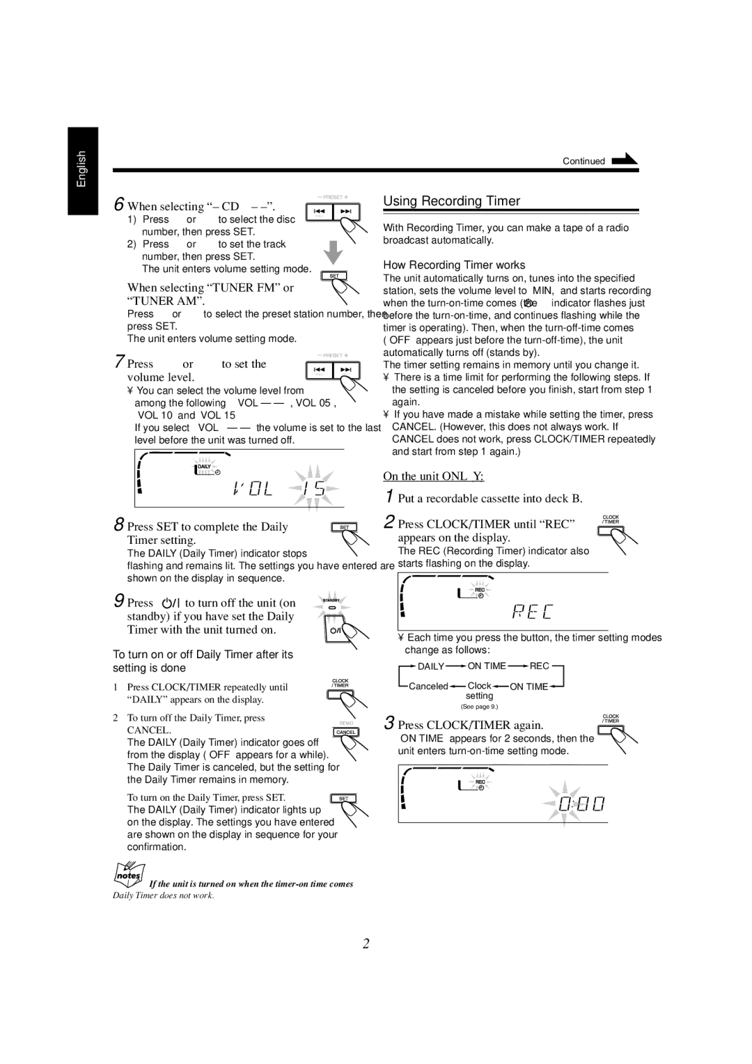 JVC CA-MXJ770V manual Using Recording Timer, When selecting CD, When selecting Tuner FM or Tuner AM, Press 4 or ¢ to set 