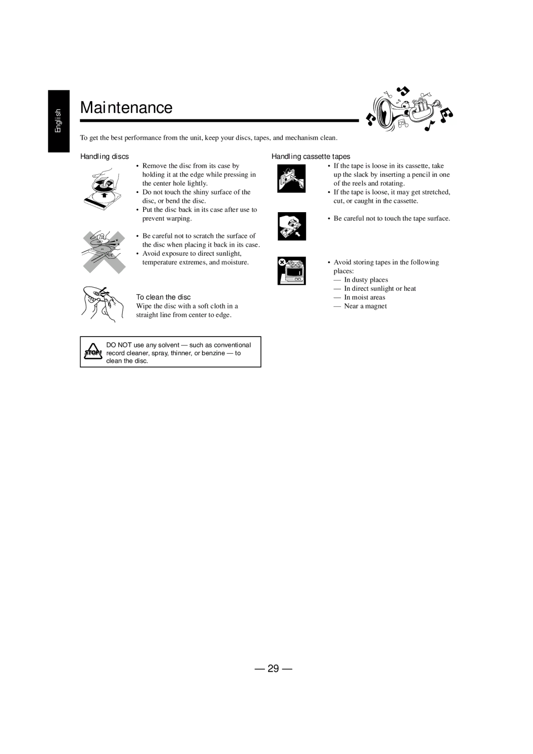 JVC CA-MXJ770V, CA-MXJ880V manual Maintenance, Handling discs, Handling cassette tapes, To clean the disc 