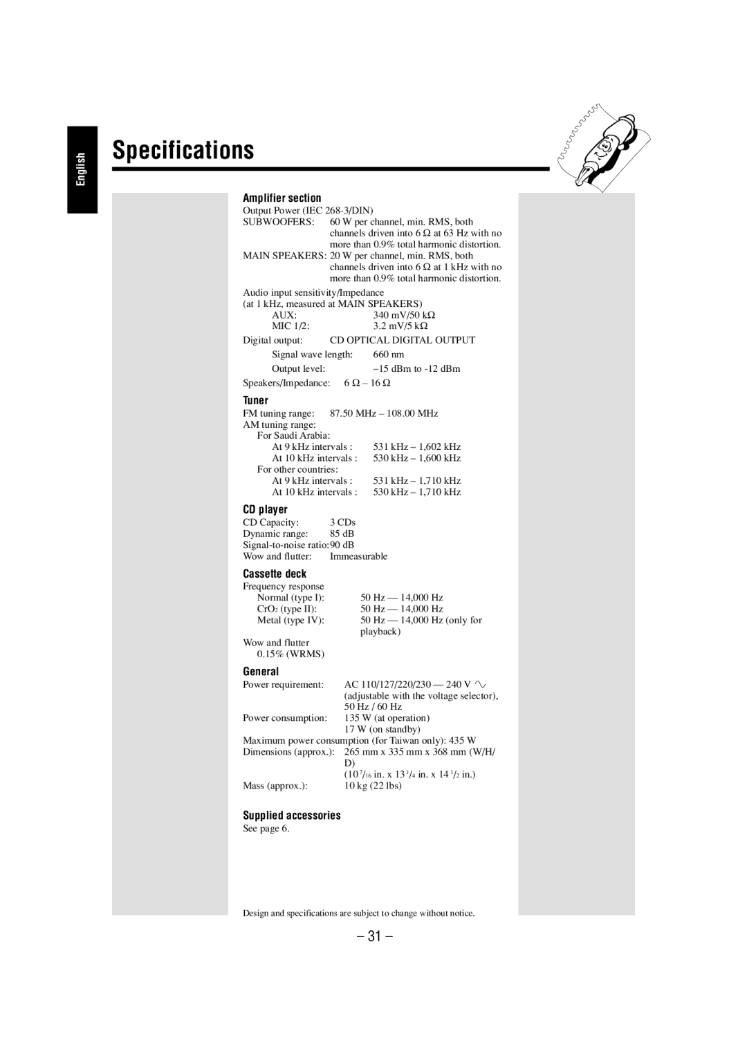 JVC CA-MXJ770V, CA-MXJ880V manual Specifications 