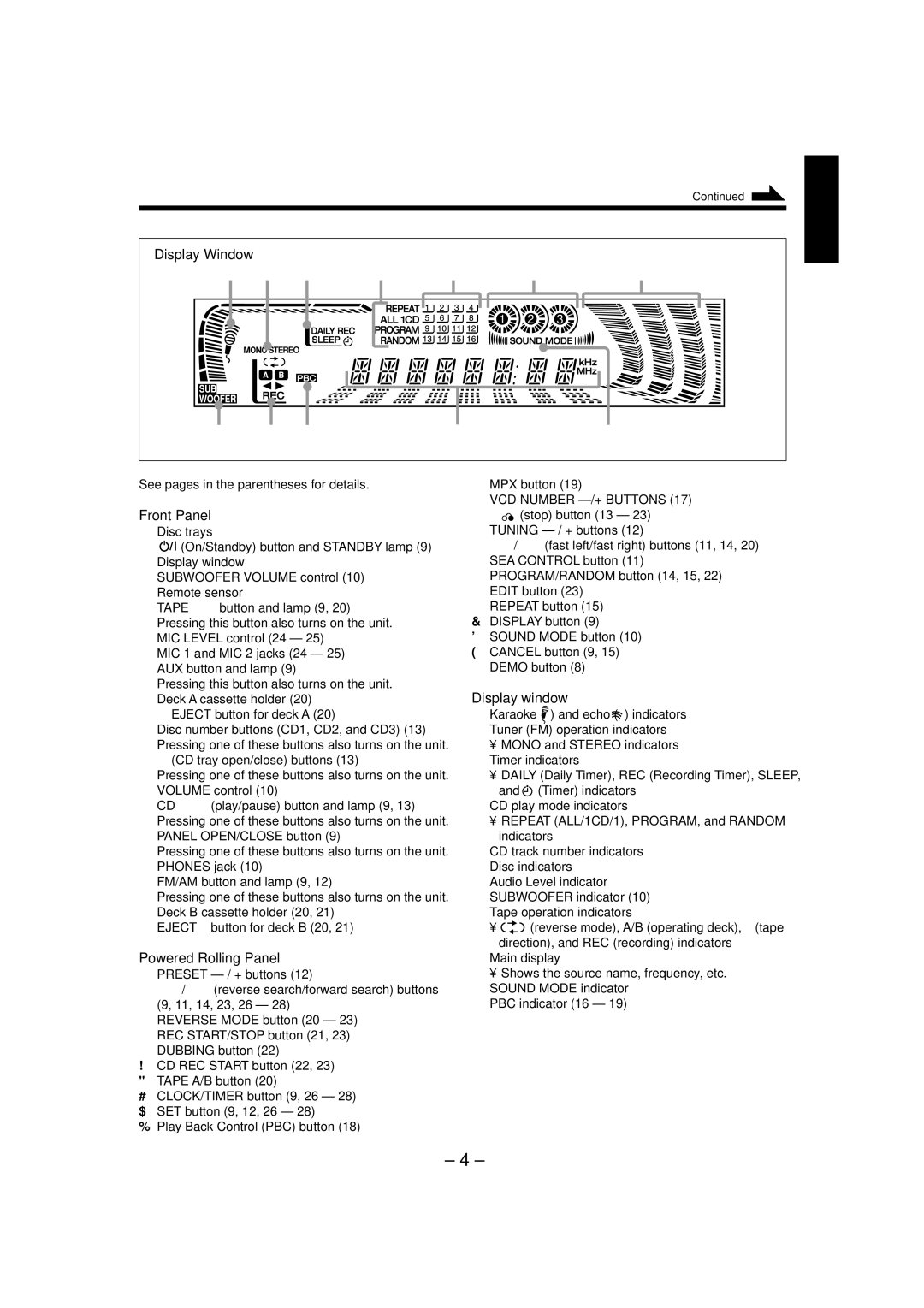 JVC CA-MXJ880V Display Window, Powered Rolling Panel, See pages in the parentheses for details, FM/AM button and lamp 9 