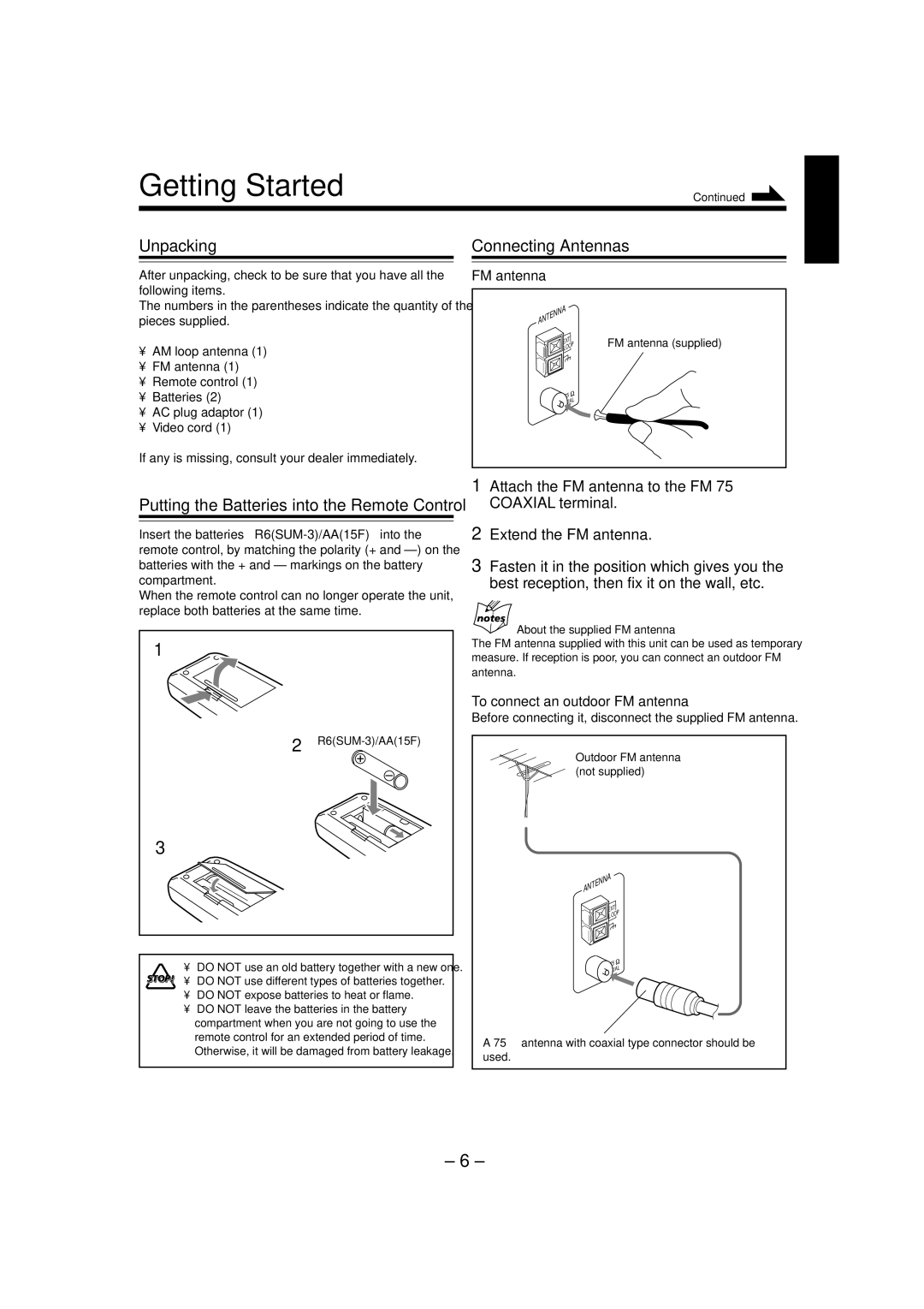 JVC CA-MXJ880V, CA-MXJ770V manual Getting Started, Unpacking, Connecting Antennas, About the supplied FM antenna 