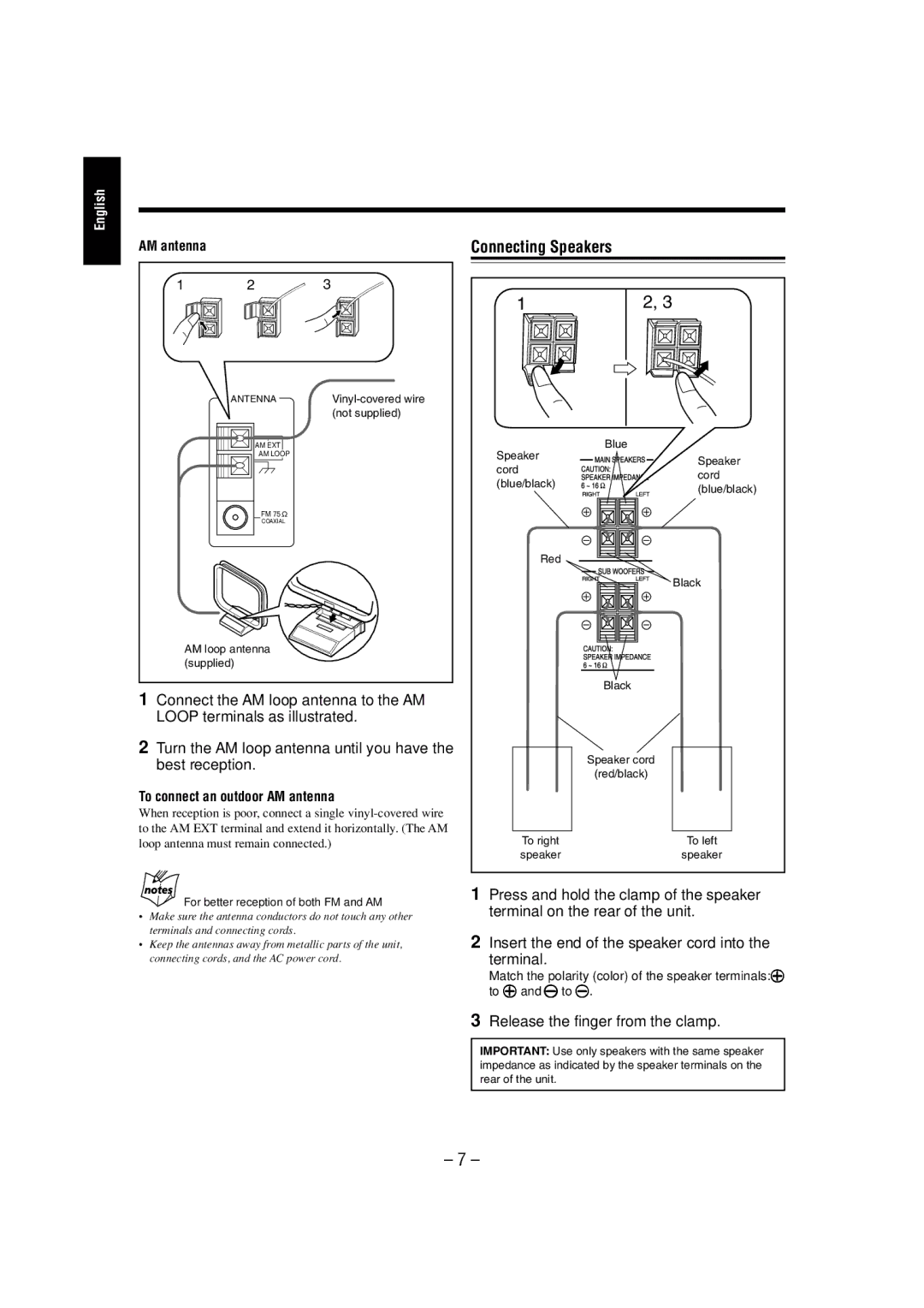 JVC CA-MXJ770V, CA-MXJ880V Connecting Speakers, Release the finger from the clamp, To connect an outdoor AM antenna 