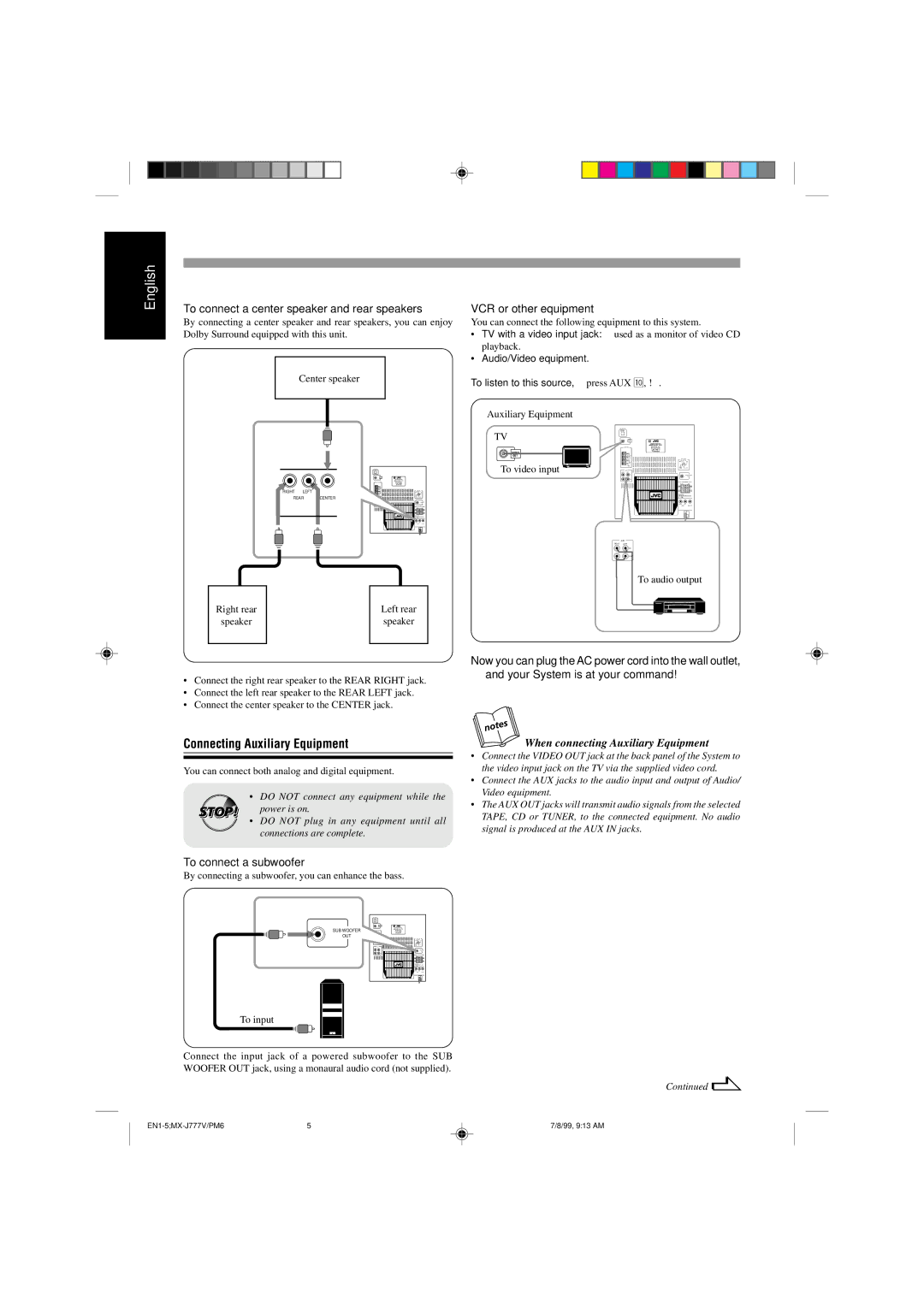 JVC CA-MXJ777V manual Connecting Auxiliary Equipment, To connect a center speaker and rear speakers, VCR or other equipment 