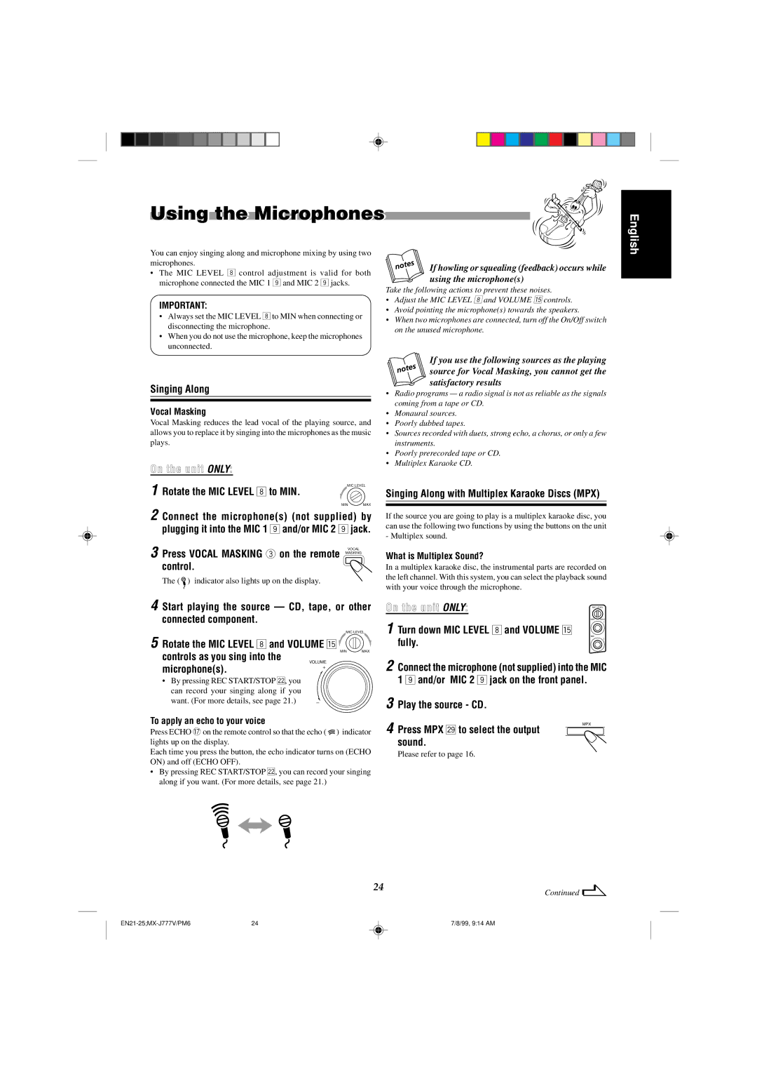 JVC CA-MXJ787V, CA-MXJ777V manual Using the Microphones 