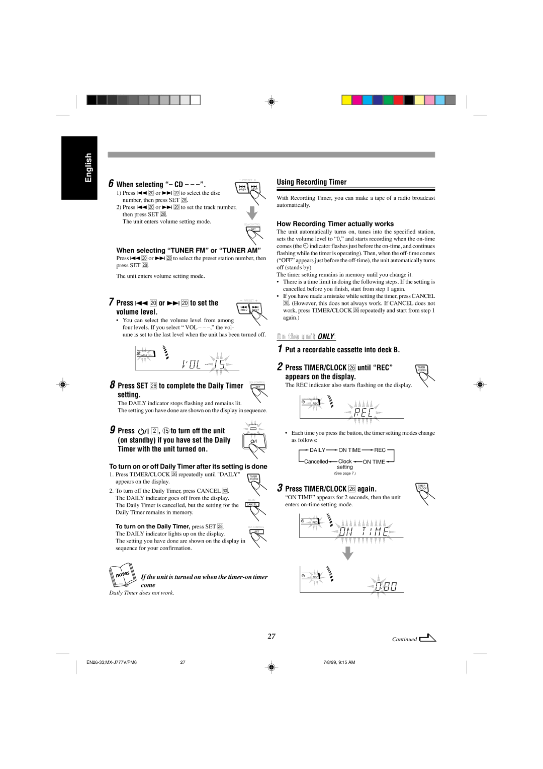 JVC CA-MXJ777V, CA-MXJ787V manual When selecting CD, Press 4 or ¢ to set, Volume level, Setting, Using Recording Timer 