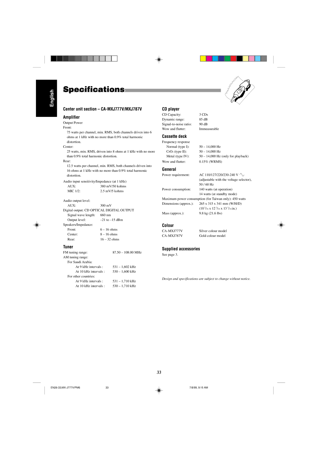 JVC CA-MXJ777V, CA-MXJ787V manual Specifications 