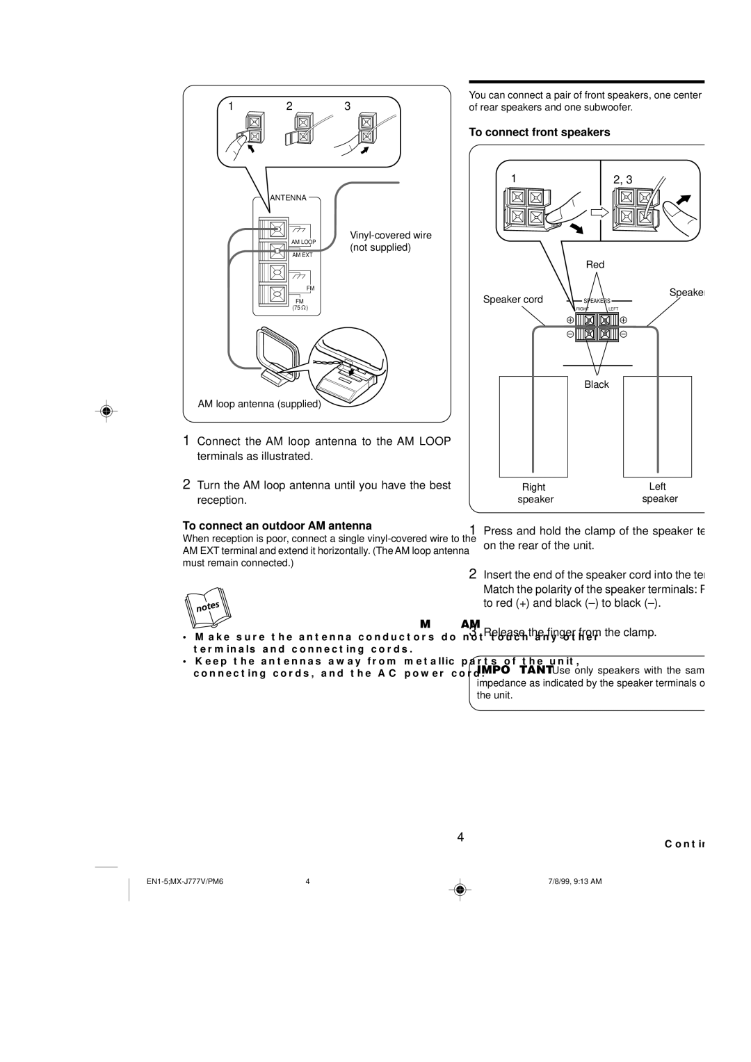 JVC CA-MXJ787V, CA-MXJ777V manual Connecting Speakers, To connect front speakers, To connect an outdoor AM antenna 