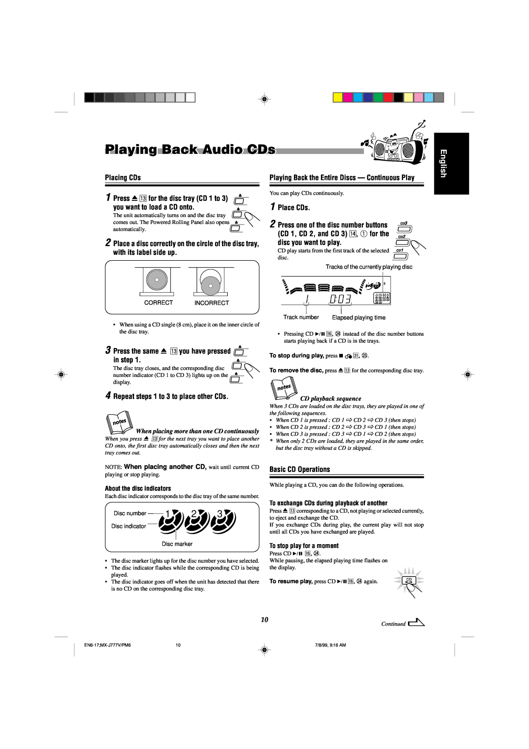 JVC CA-MXJ787V Playing Back Audio CDs, English, Placing CDs, Playing Back the Entire Discs - Continuous Play, Place CDs 