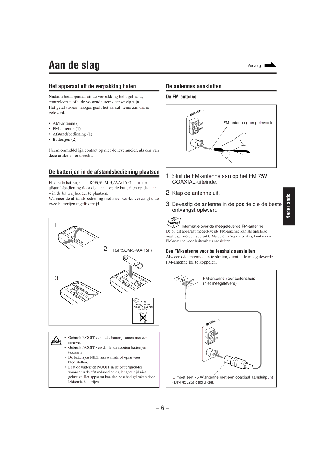 JVC CA-MXJ850R manual Aan de slag, Het apparaat uit de verpakking halen, De antennes aansluiten 