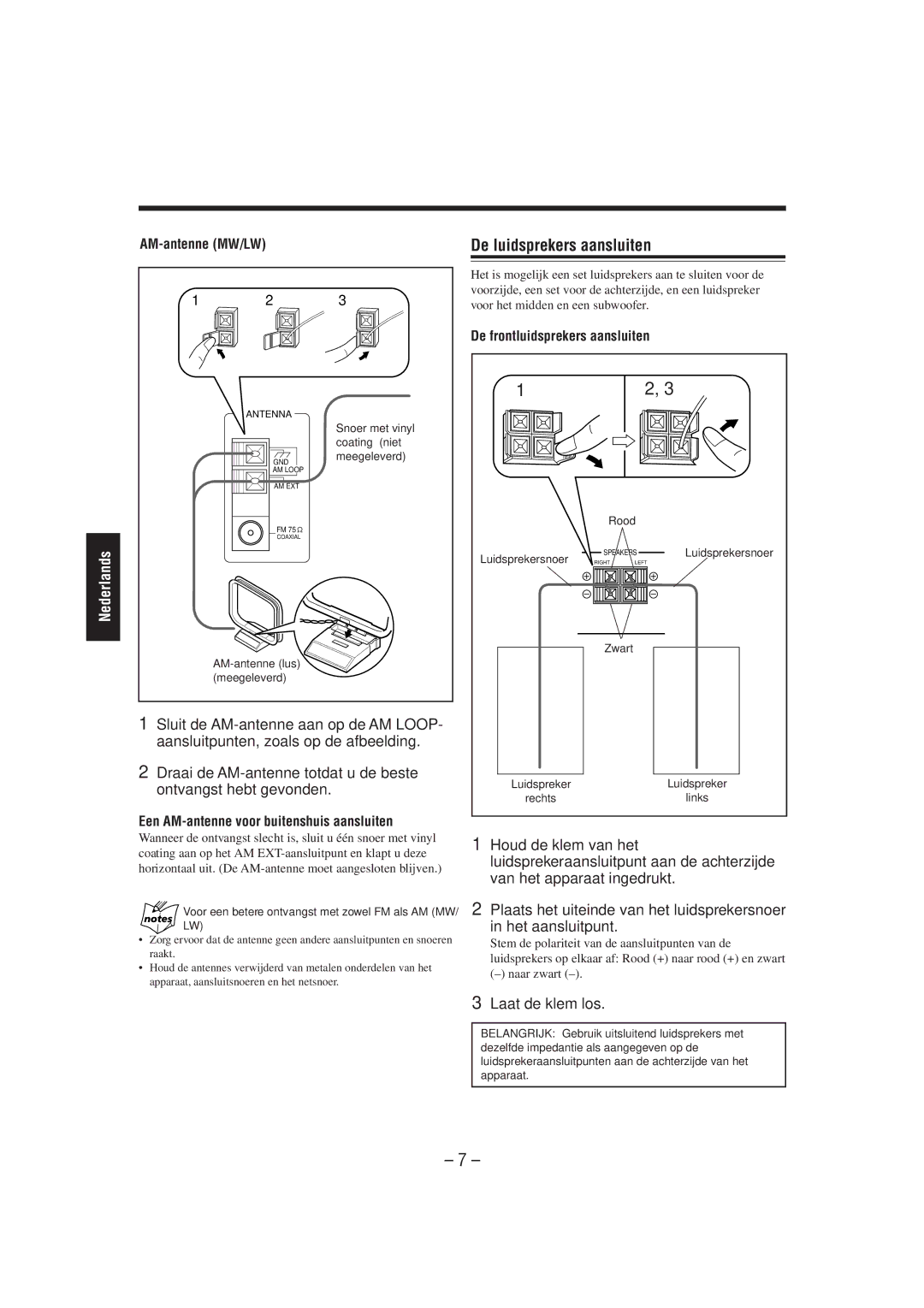 JVC CA-MXJ850R manual De luidsprekers aansluiten, Laat de klem los, AM-antenne MW/LW, De frontluidsprekers aansluiten 