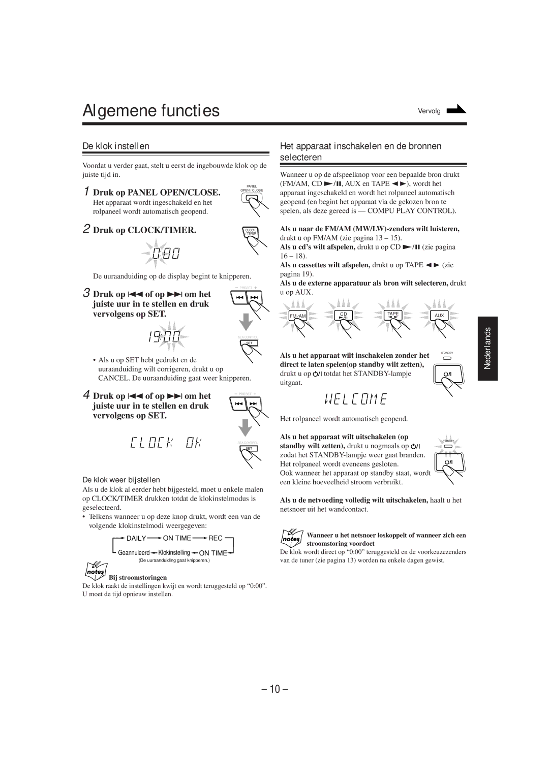 JVC CA-MXJ850R manual Algemene functies, De klok instellen, Het apparaat inschakelen en de bronnen selecteren 