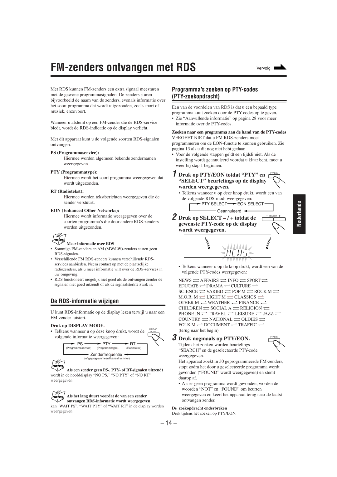 JVC CA-MXJ850R FM-zenders ontvangen met RDS, De RDS-informatie wijzigen, Programma’s zoeken op PTY-codes PTY-zoekopdracht 