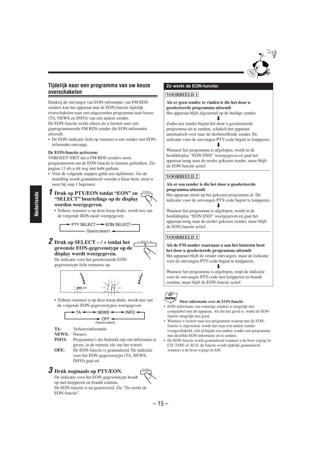 JVC CA-MXJ850R manual Tijdelijk naar een programma van uw keuze overschakelen, Druk op PTY/EON totdat EON en 