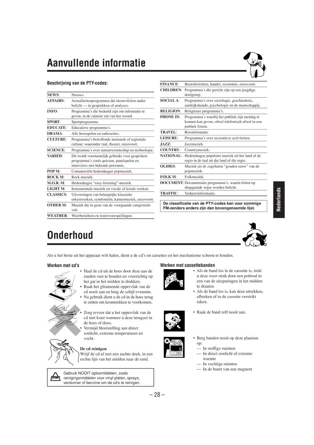 JVC CA-MXJ850R manual Aanvullende informatie, Onderhoud, Beschrijving van de PTY-codes, Werken met cd’s 