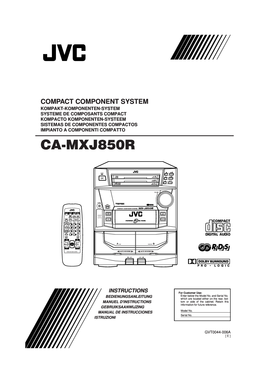 JVC CA-MXJ850R manual Kompakt-Komponenten-System, Systeme De Composants Compact, Kompacto Komponenten-Systeem, Istruzioni 