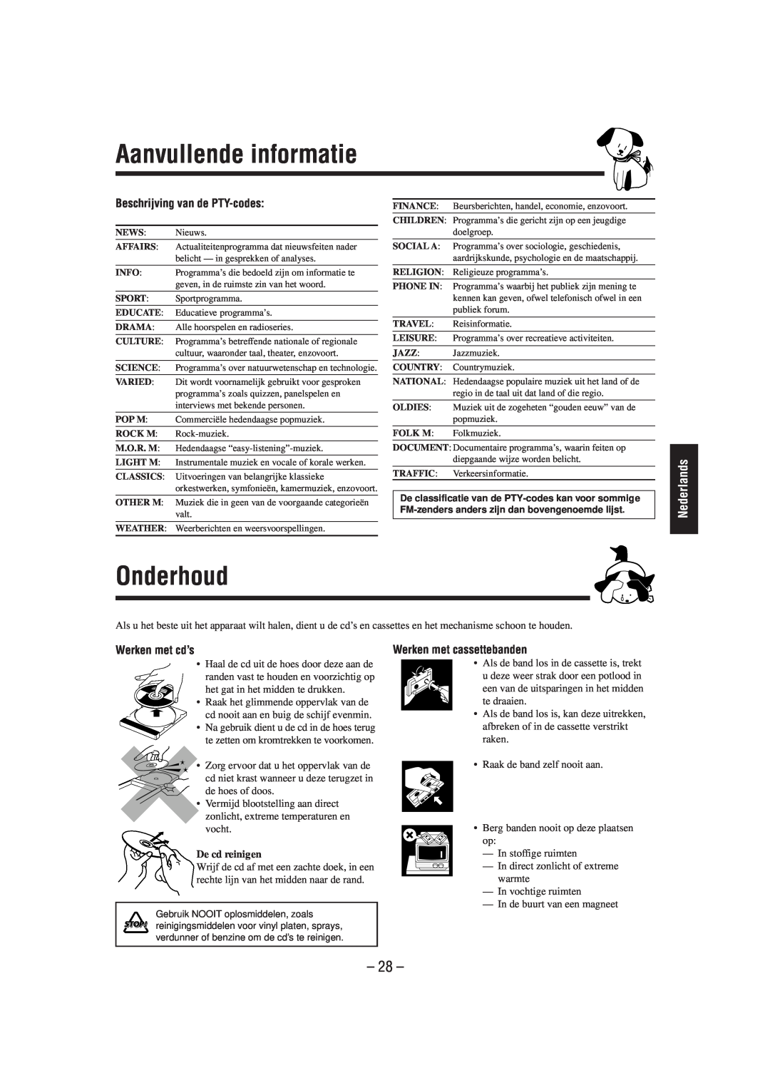 JVC CA-MXJ850R manual Aanvullende informatie, Onderhoud, Beschrijving van de PTY-codes, Werken met cd’s, Nederlands 