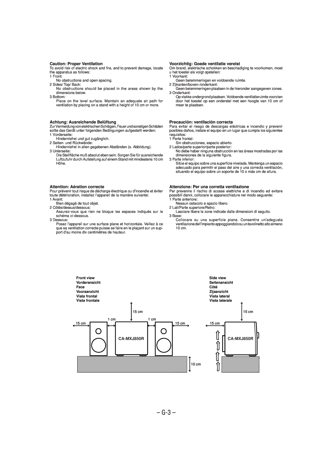 JVC CA-MXJ850R manual G-3, Caution Proper Ventilation, Voorzichtig Goede ventilatie vereist, Achtung Ausreichende Belüftung 