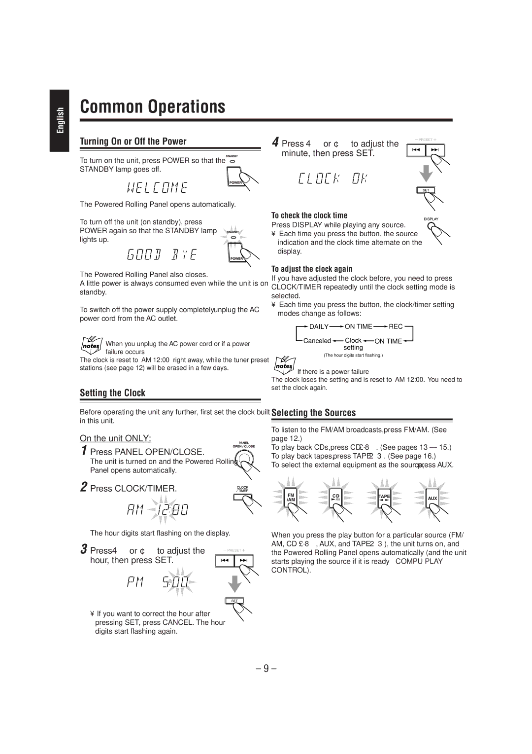 JVC CA-MXJ900, SP-MXJ900 manual Common Operations, Turning On or Off the Power, Setting the Clock, Selecting the Sources 