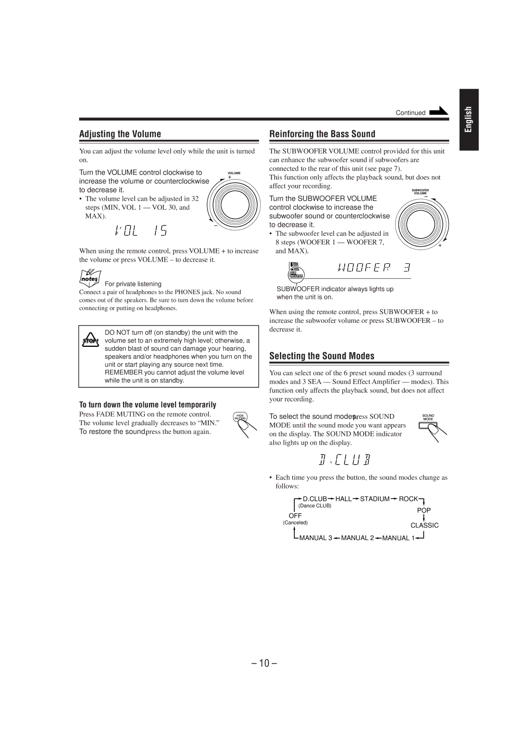 JVC SP-MXJ900 manual Adjusting the Volume, Reinforcing the Bass Sound, Selecting the Sound Modes, For private listening 