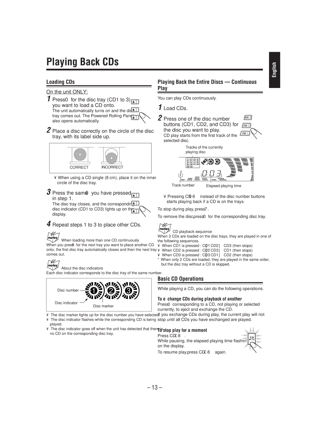 JVC CA-MXJ900, SP-MXJ900 Playing Back CDs, Loading CDs, Playing Back the Entire Discs Continuous Play, Basic CD Operations 