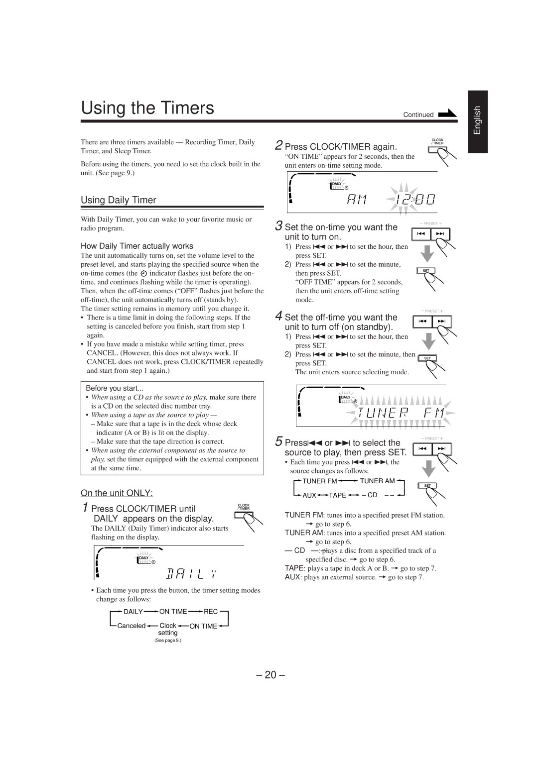 JVC SP-MXJ900, CA-MXJ900 manual Using the Timers, Using Daily Timer 