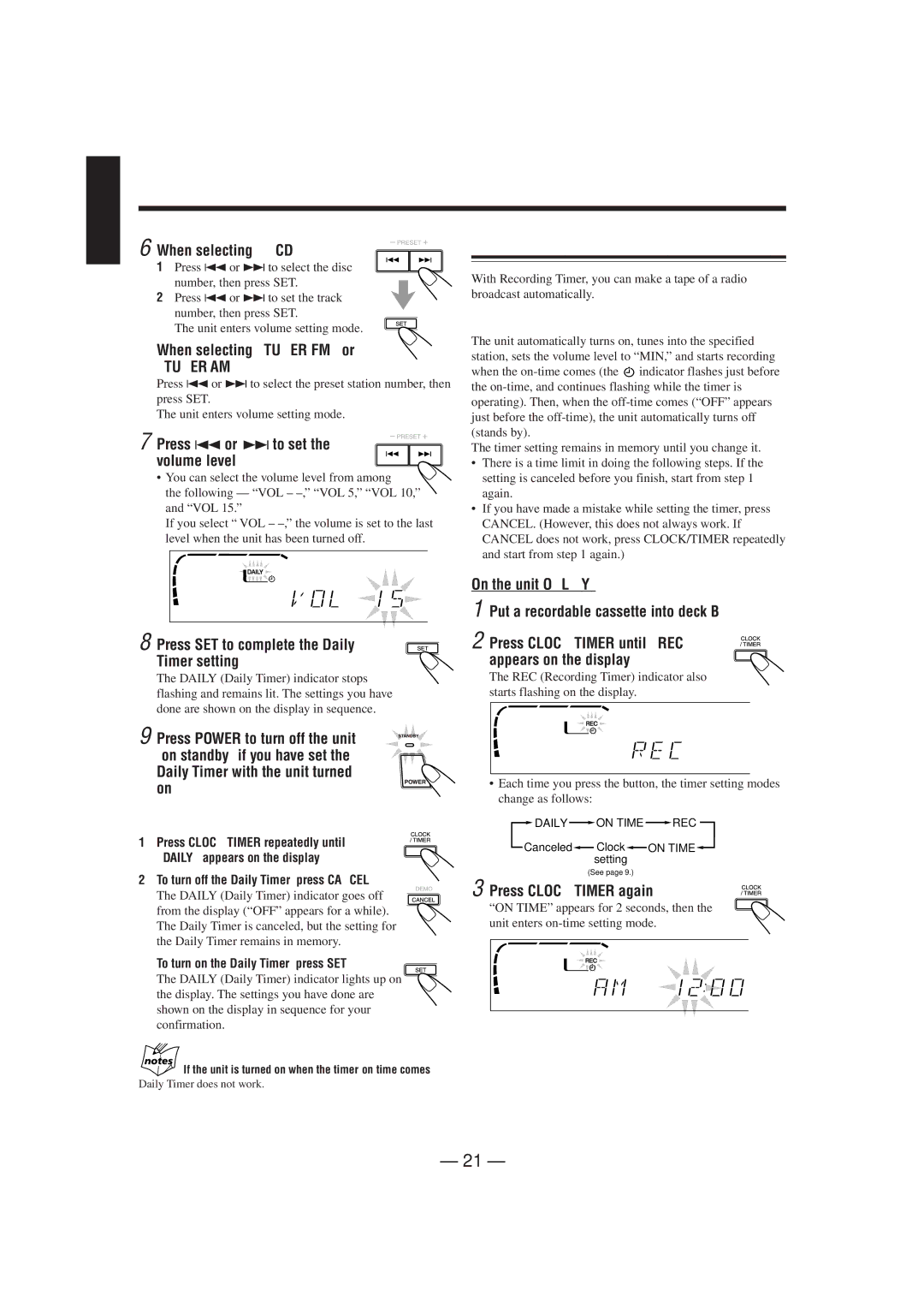 JVC CA-MXJ900, SP-MXJ900 manual Using Recording Timer, When selecting CD, When selecting Tuner FM or Tuner AM 