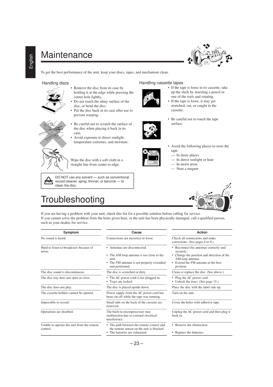 JVC CA-MXJ900, SP-MXJ900 manual Maintenance, Troubleshooting, Handling discs, Handling cassette tapes, To clean the disc 