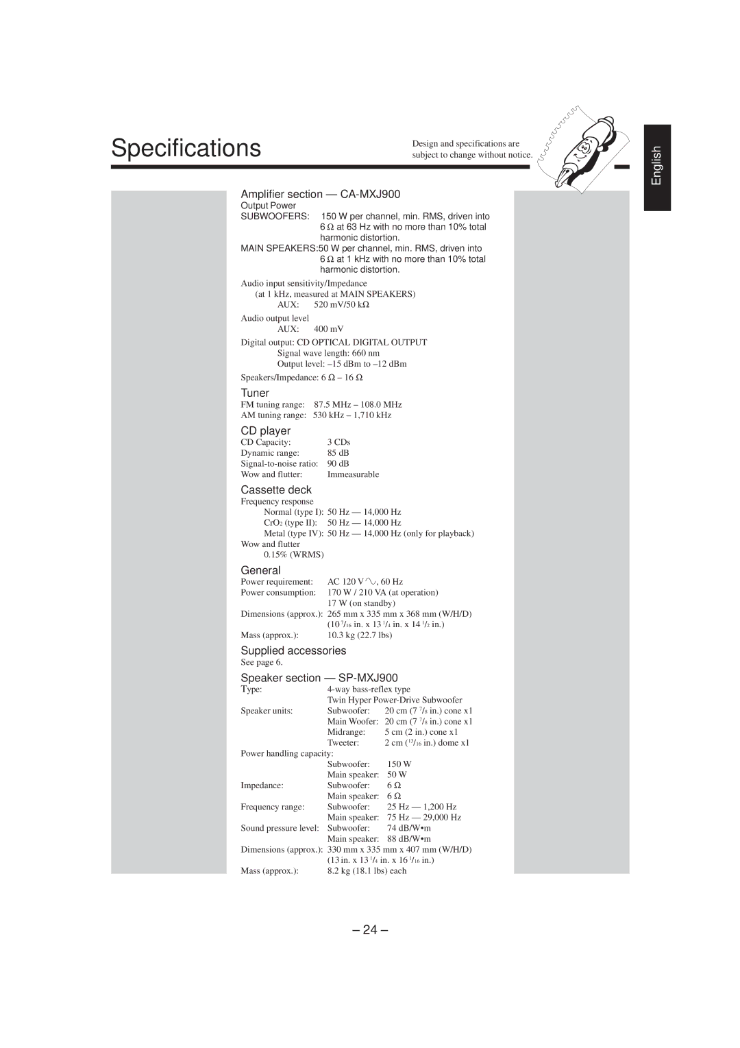 JVC SP-MXJ900, CA-MXJ900 manual Specifications 