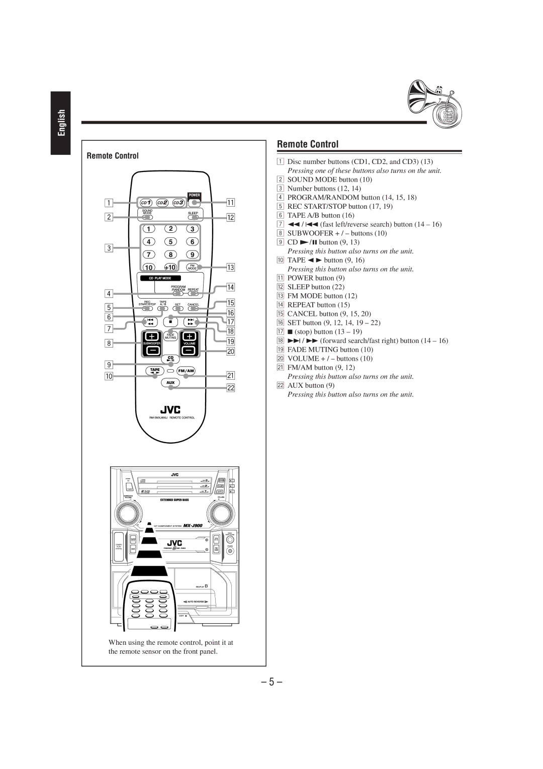 JVC CA-MXJ900, SP-MXJ900 manual Remote Control 