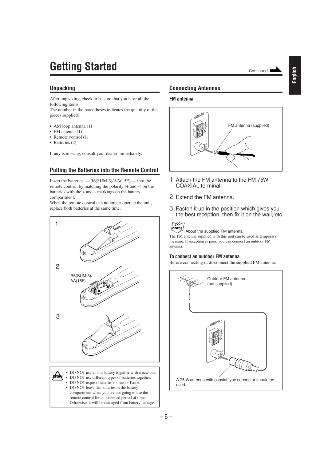 JVC SP-MXJ900, CA-MXJ900 manual Getting Started, Unpacking, Connecting Antennas, To connect an outdoor FM antenna 