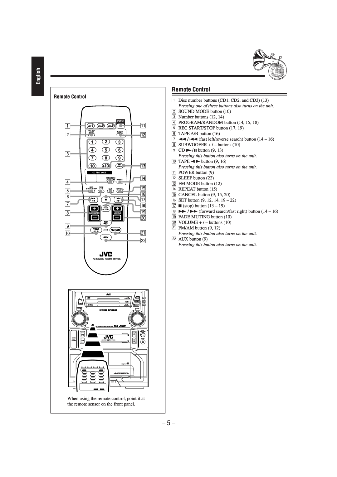 JVC CA-MXJ900, SP-MXJ900 manual Remote Control, English 