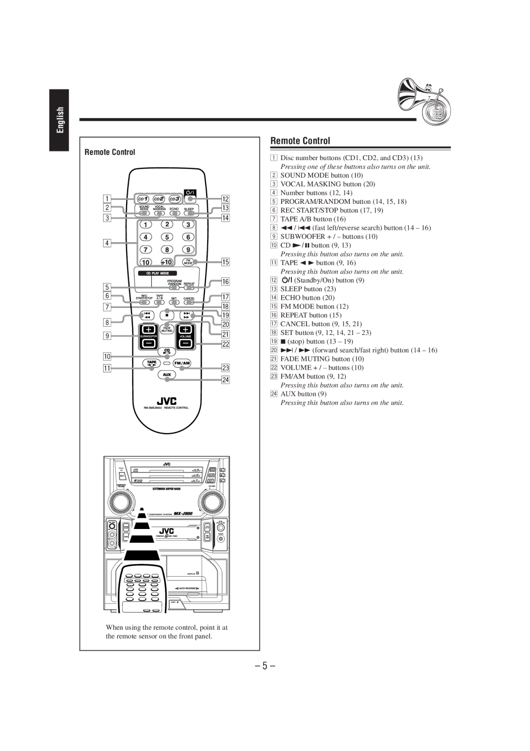 JVC CA-MXJ900 manual Remote Control 