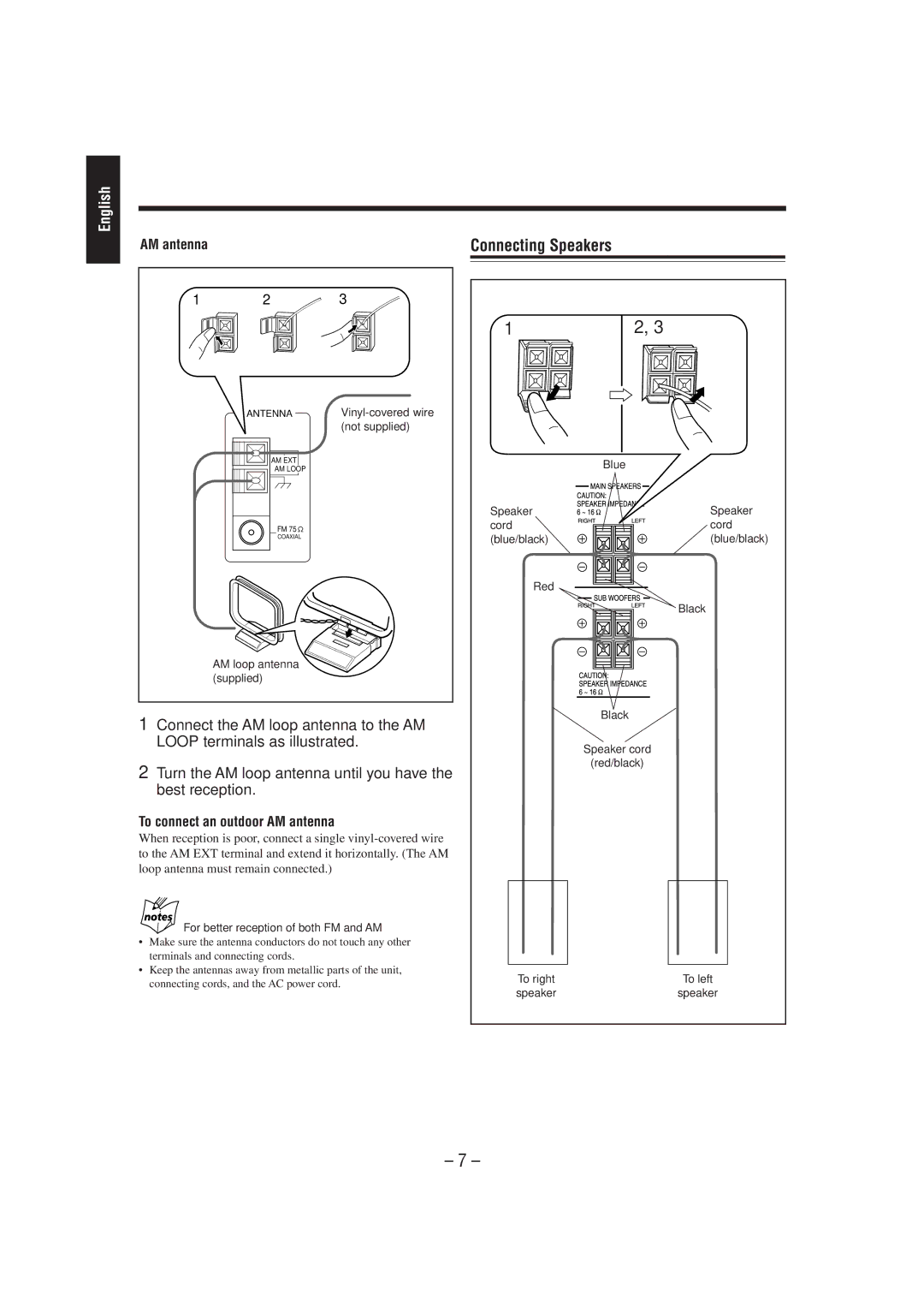 JVC CA-MXJ900 manual Connecting Speakers, To connect an outdoor AM antenna, For better reception of both FM and AM 