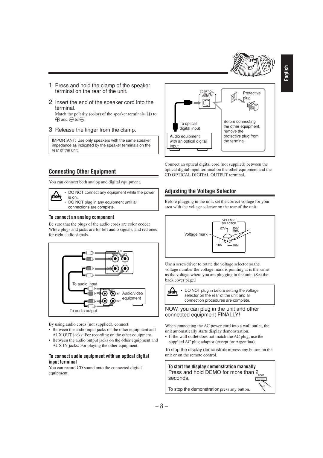 JVC CA-MXJ900 manual Connecting Other Equipment, Adjusting the Voltage Selector, Release the finger from the clamp 