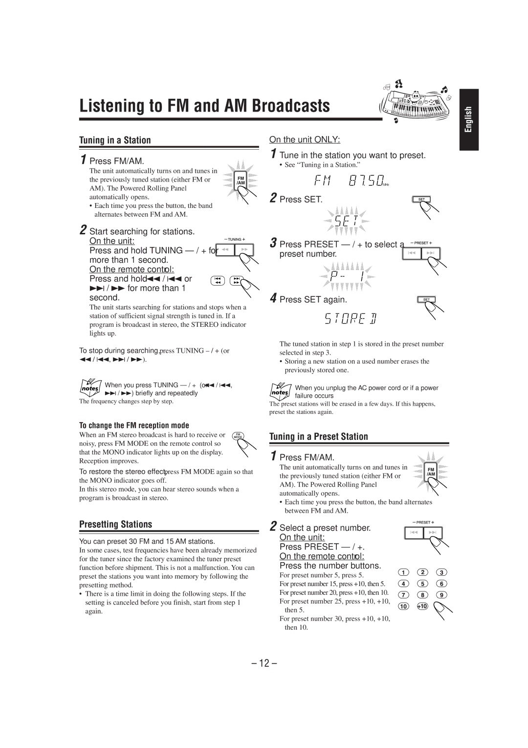 JVC CA-MXJ900 Listening to FM and AM Broadcasts, Tuning in a Station, Presetting Stations, Tuning in a Preset Station 