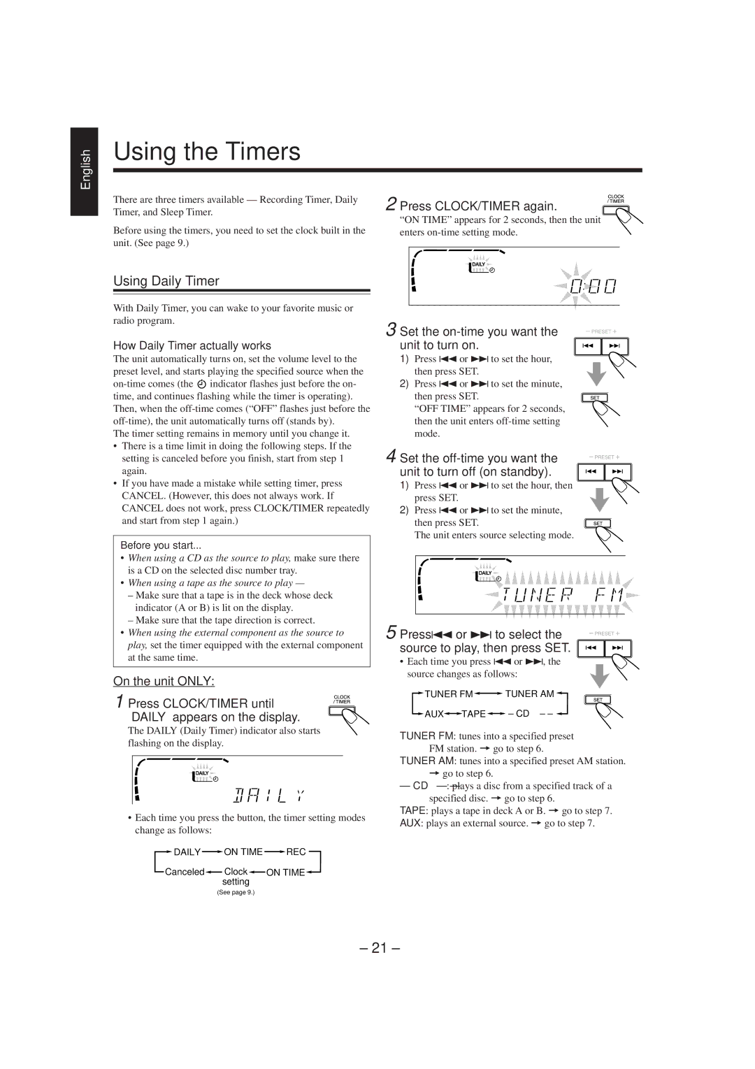 JVC CA-MXJ900 manual Using the Timers, Using Daily Timer 