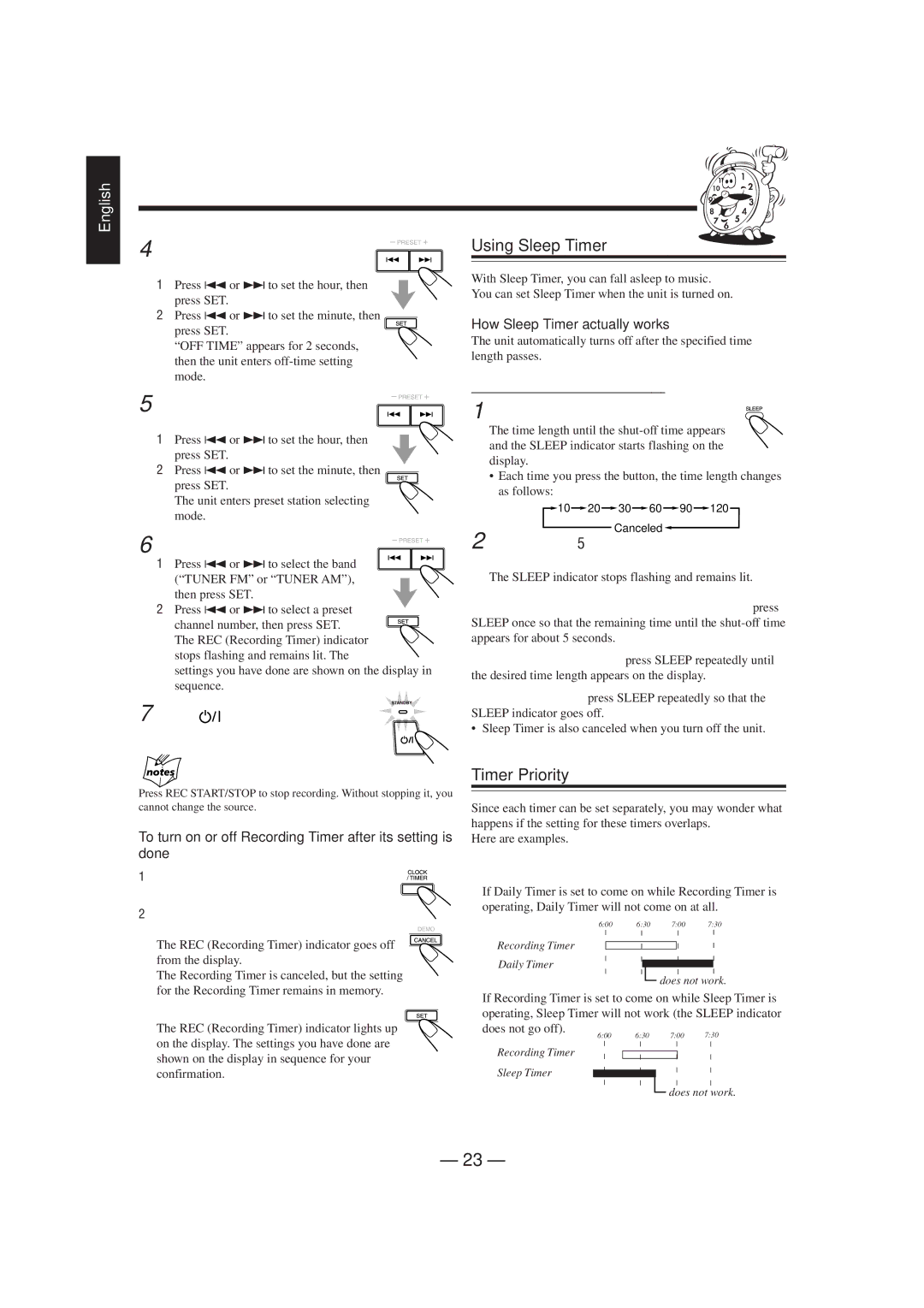 JVC CA-MXJ900 manual Using Sleep Timer, Timer Priority 