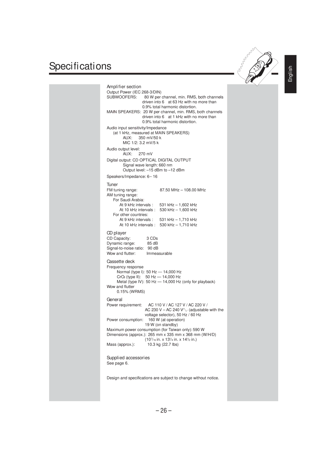 JVC CA-MXJ900 manual Specifications 