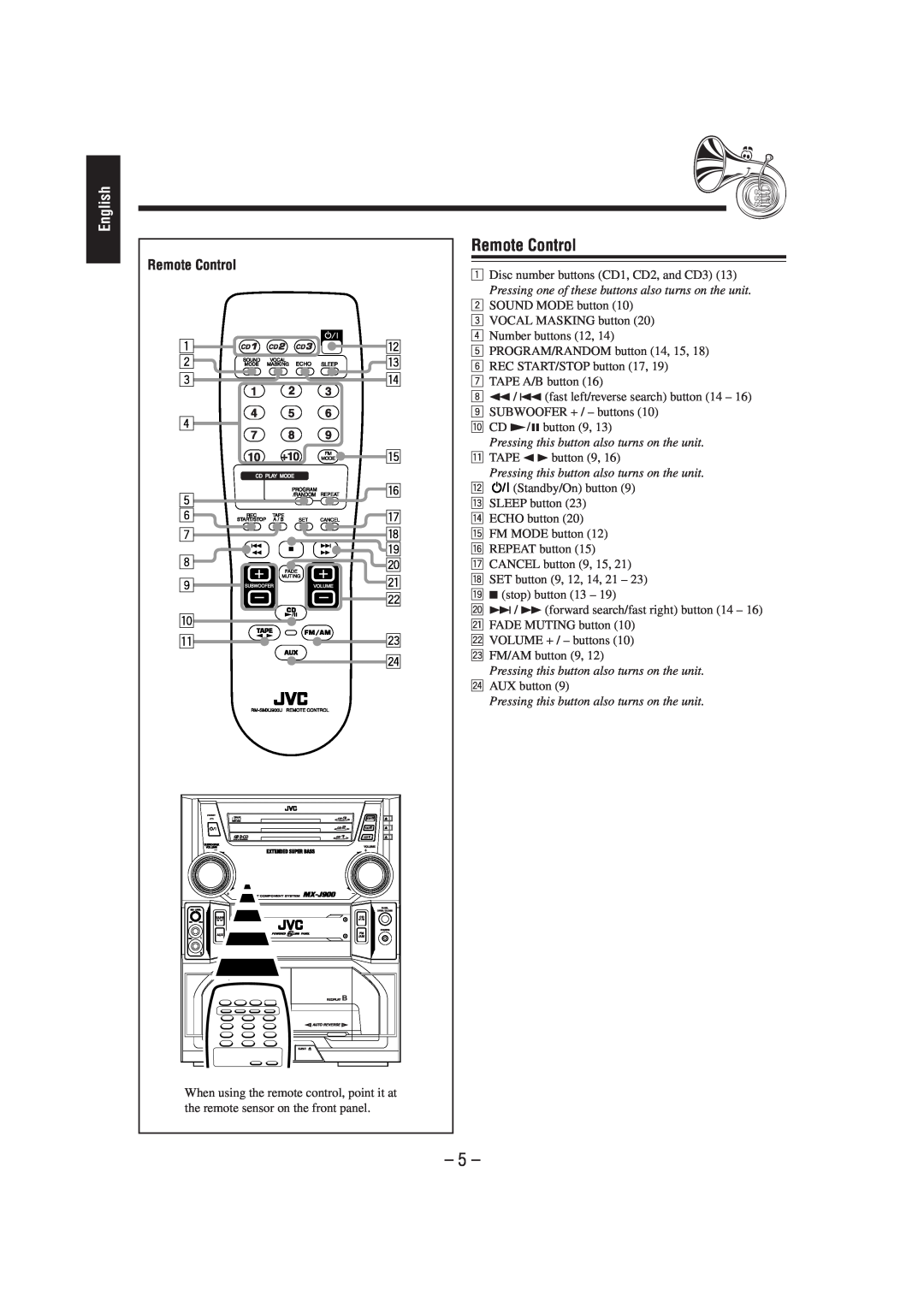 JVC CA-MXJ900 manual Remote Control, English 
