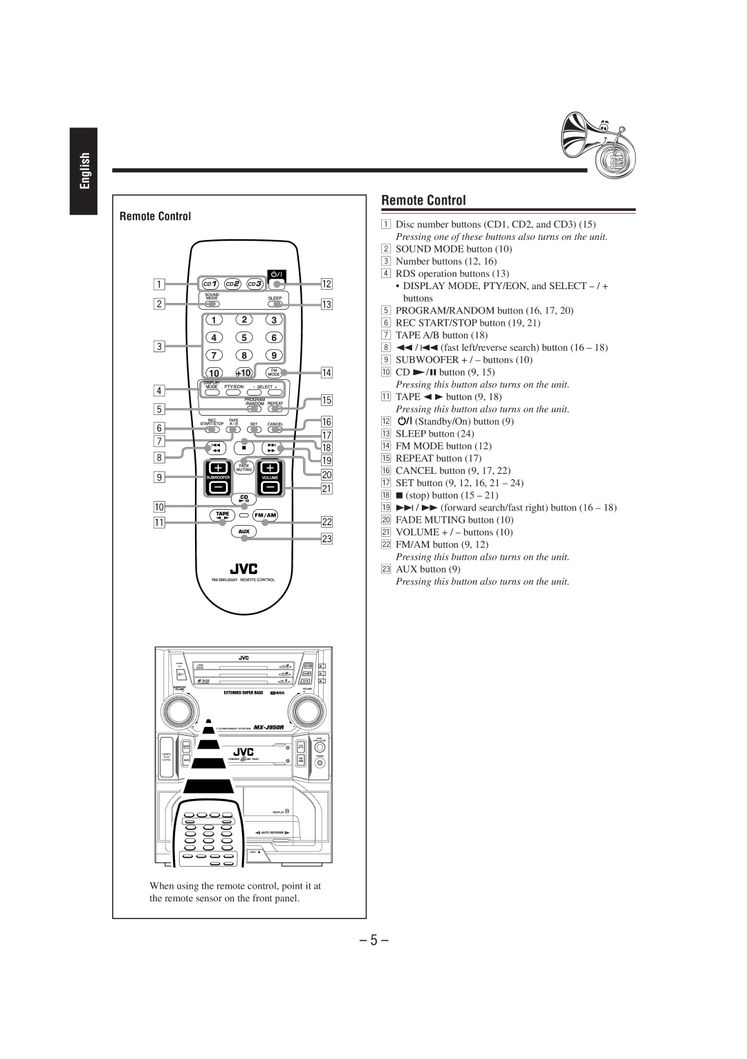 JVC CA-MXJ950R manual Remote Control 