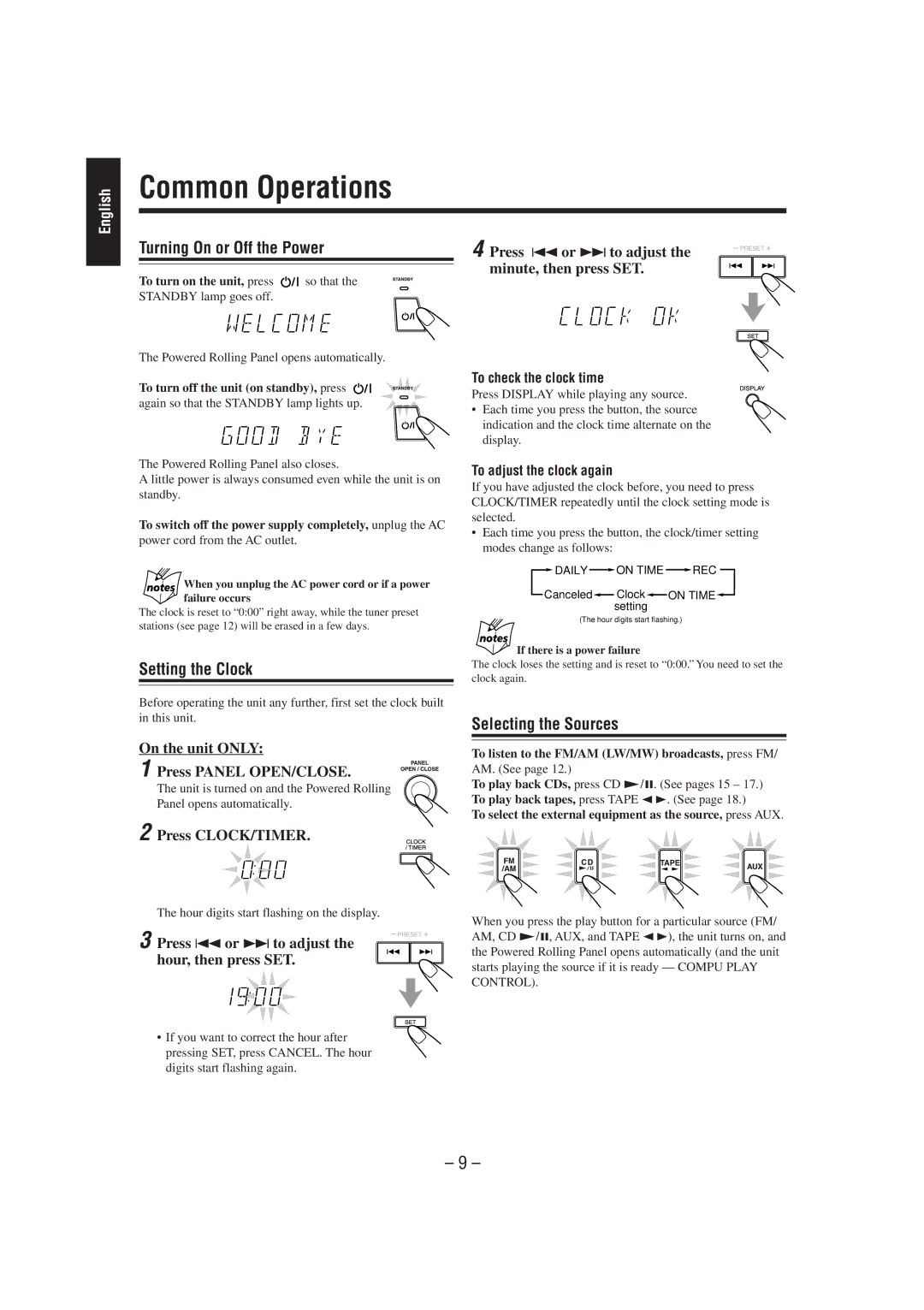 JVC CA-MXJ950R manual Common Operations, Turning On or Off the Power, Setting the Clock, Selecting the Sources 