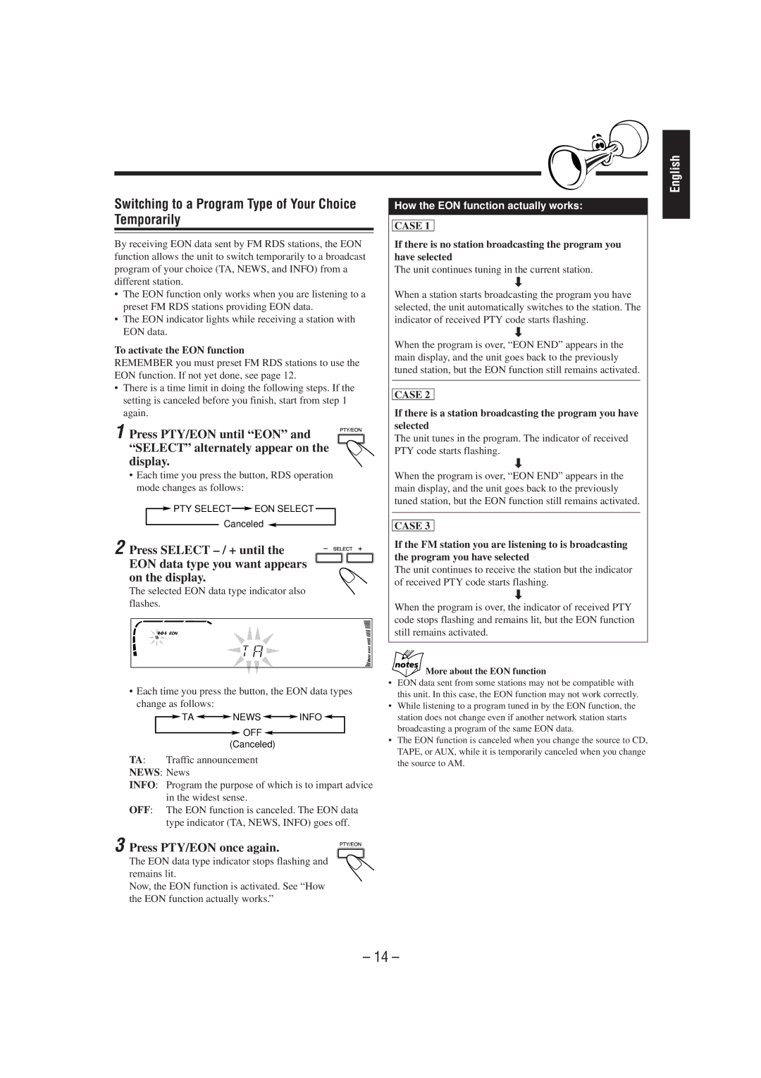 JVC CA-MXJ950R manual Switching to a Program Type of Your Choice Temporarily, To activate the EON function 