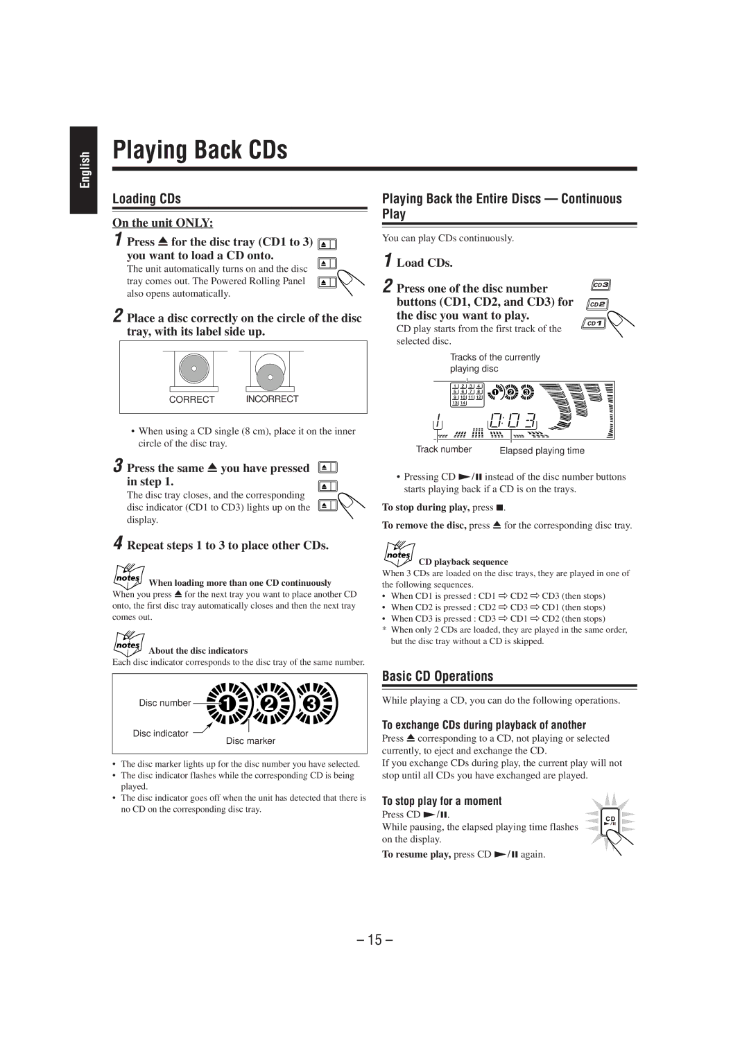 JVC CA-MXJ950R manual Playing Back CDs, Loading CDs, Playing Back the Entire Discs Continuous Play, Basic CD Operations 