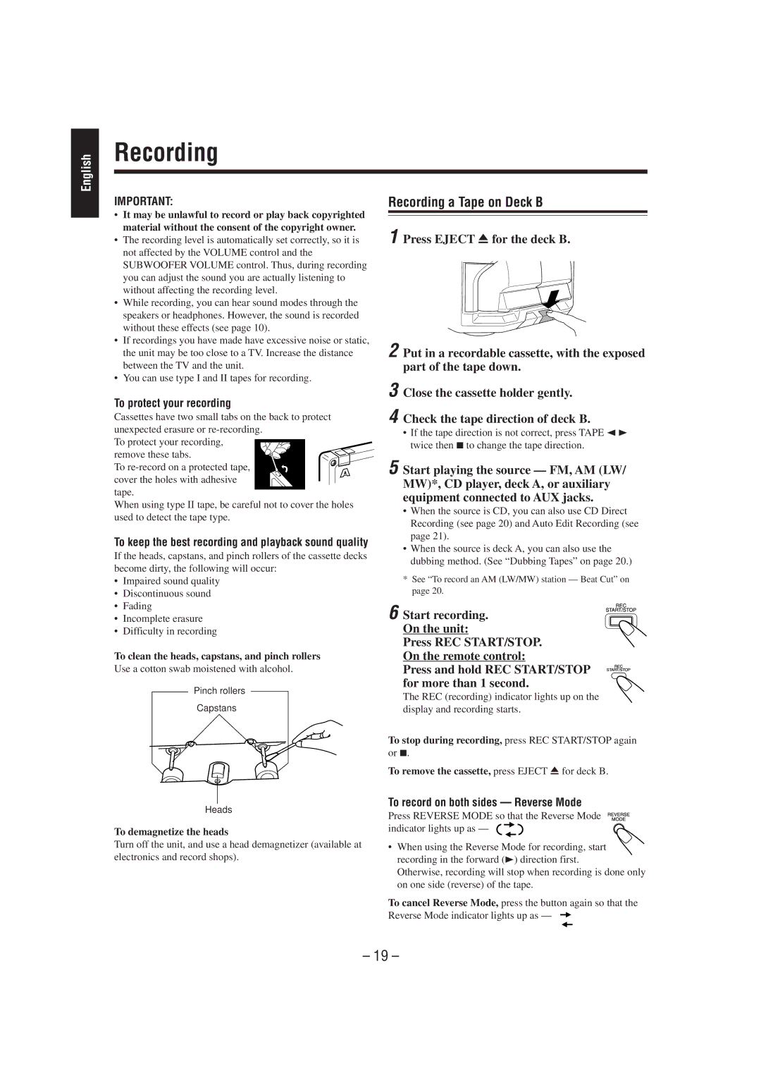 JVC CA-MXJ950R manual Recording a Tape on Deck B, To protect your recording, To record on both sides Reverse Mode 