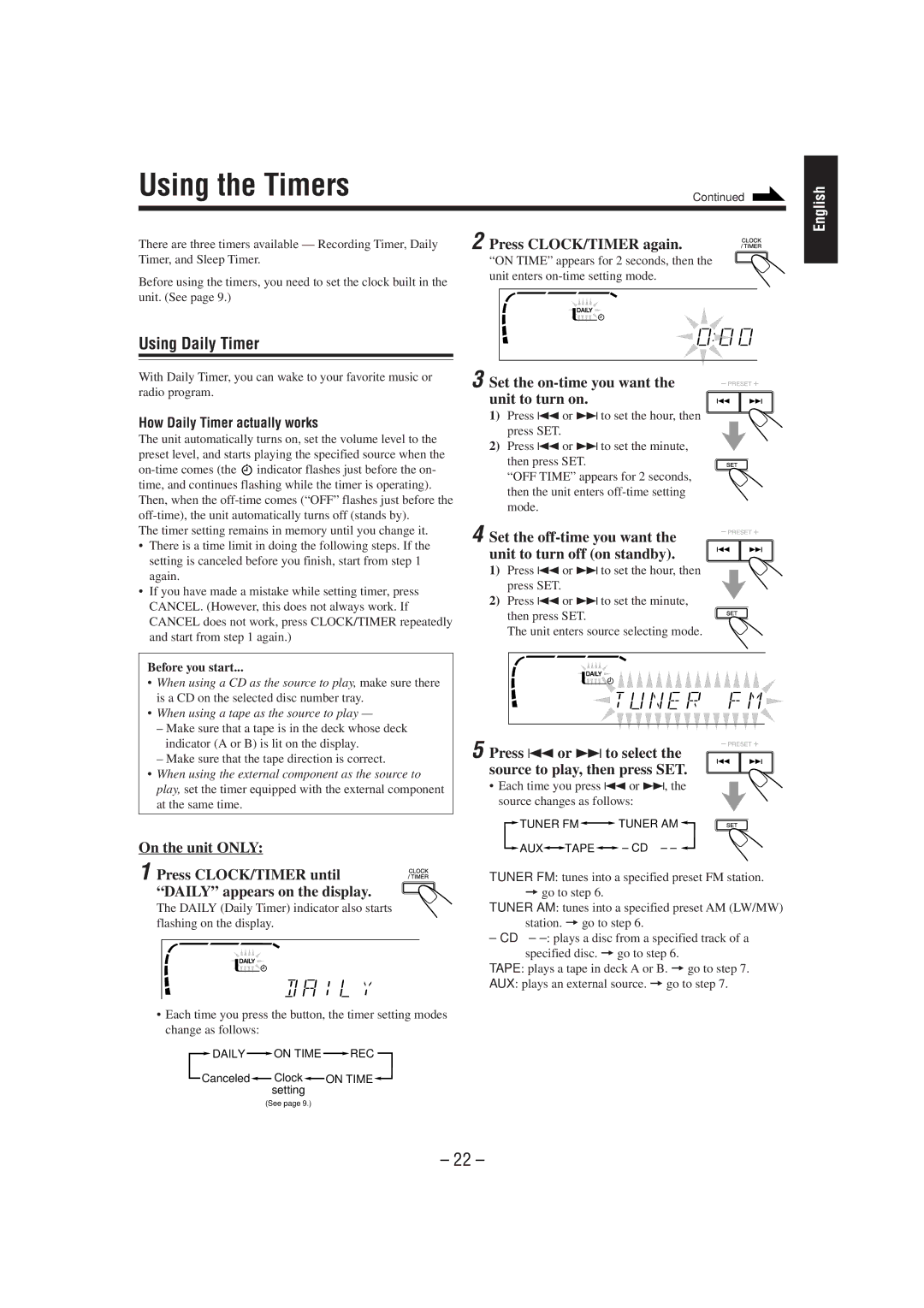 JVC CA-MXJ950R manual Using the Timers, Using Daily Timer 