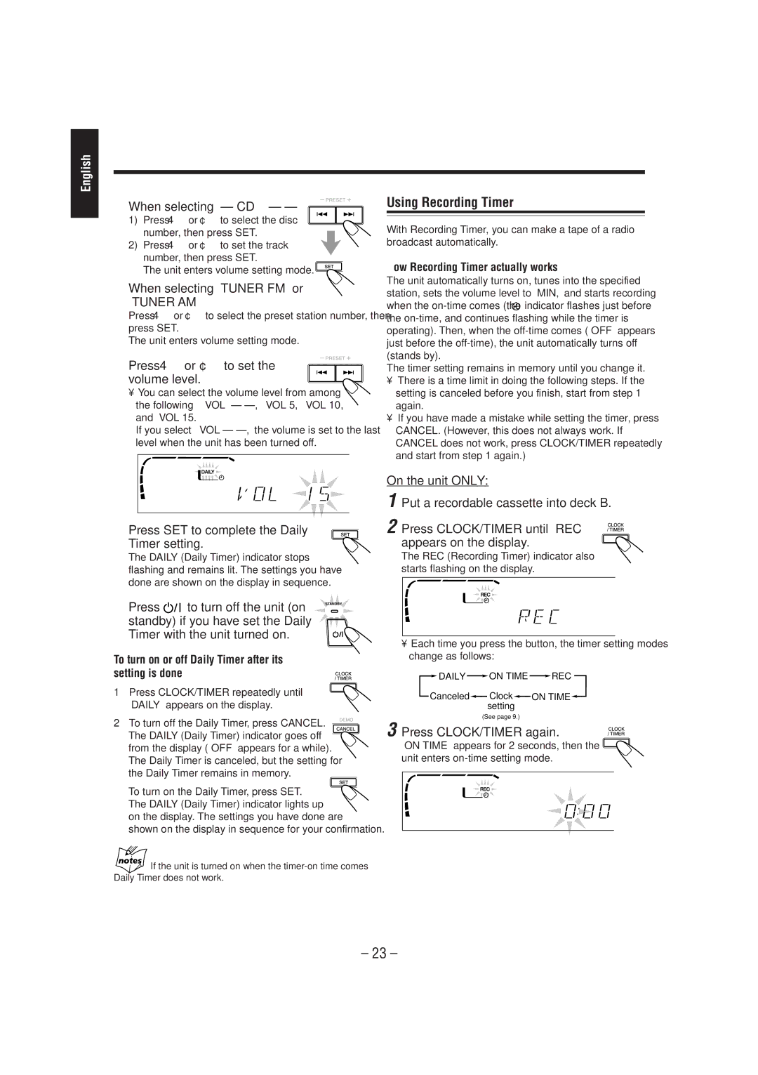 JVC CA-MXJ950R manual Using Recording Timer, When selecting CD, When selecting Tuner FM or Tuner AM 