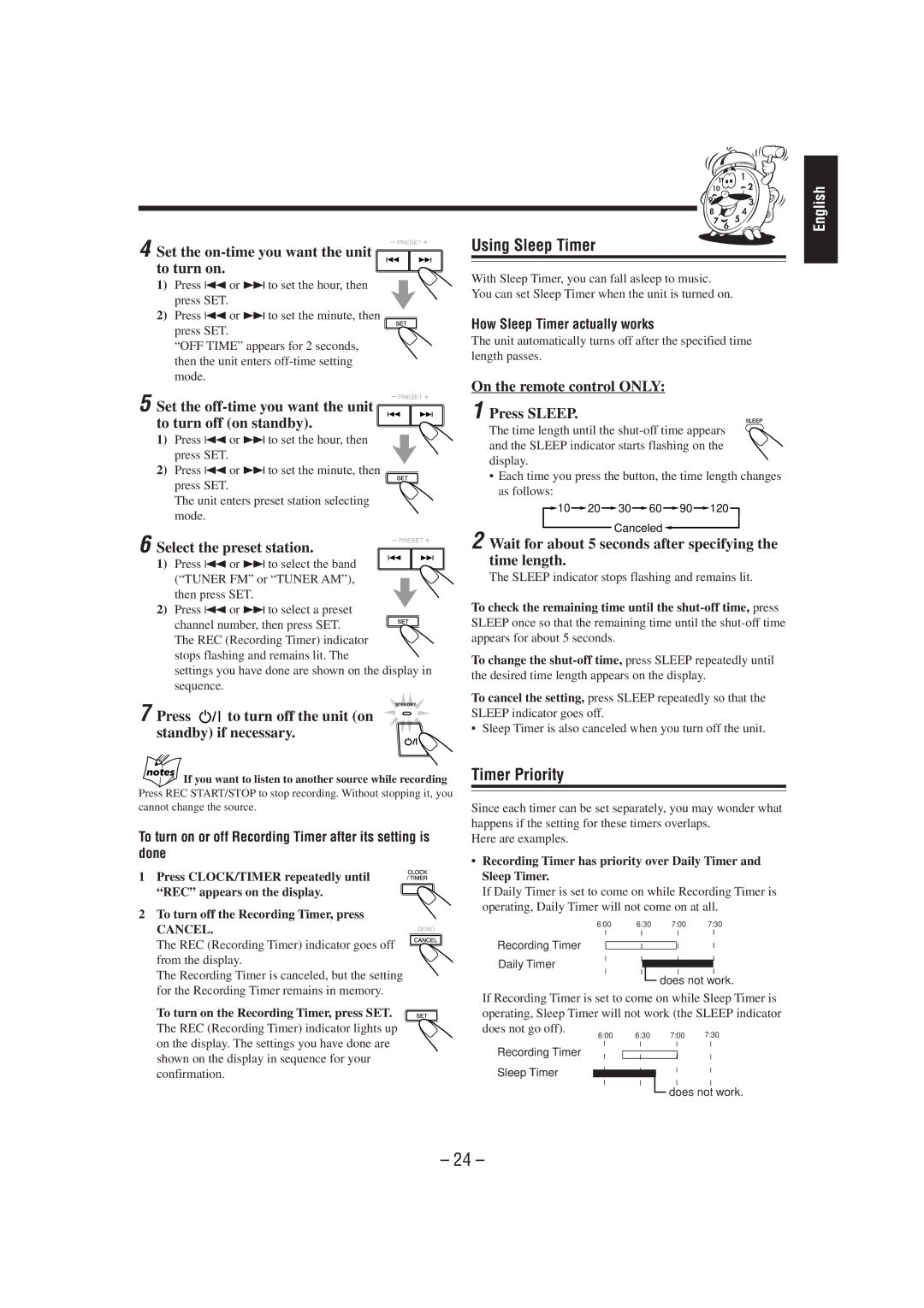 JVC CA-MXJ950R manual Using Sleep Timer, Timer Priority 