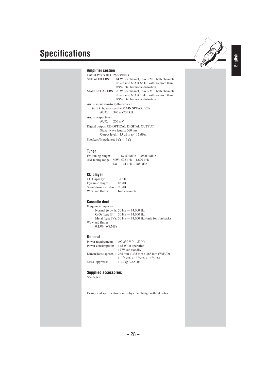 JVC CA-MXJ950R manual Specifications 